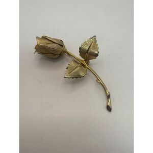 Giovanni Gold Tone Rose Bud Brooch Vintage Floral Stem Pin Textured Leaves